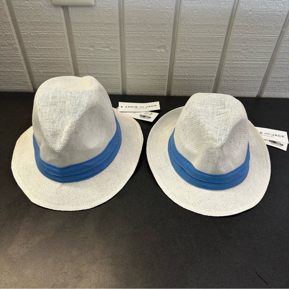 Kids’ NWT Janie and Jack White Fedora Hats (x2) with Blue Bands 12-24mo 2T-3T